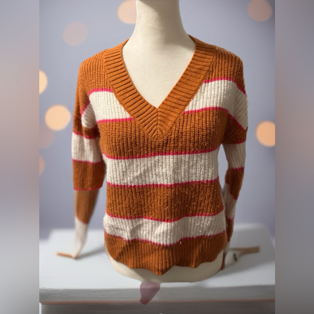 Striped V-Neck Sweater - Tan, Cream, and Pink
